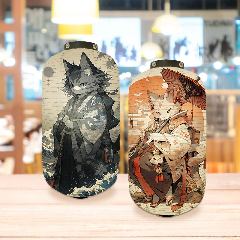 Ukiyo-e Style Cloth Lantern Japanese Kimono Samurai Cat Printed Lantern Restaurant Izakaya Cuisine Pub Decor Advertising Sign