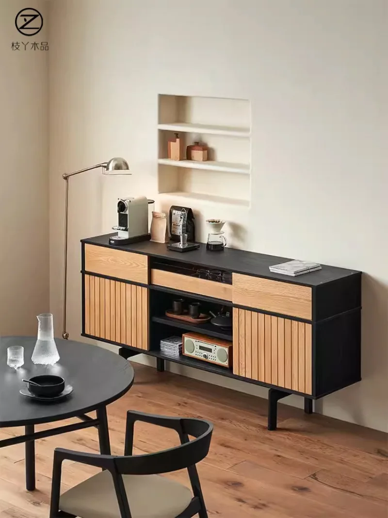 oak dining side cabinet Nordic modern retro solid wood wabi-sabi black bucket cabinet black walnut storage cabinet