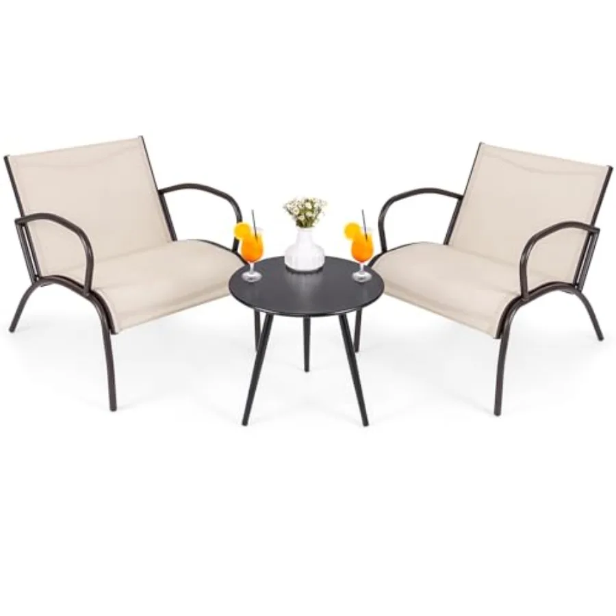 

3 Pieces Patio Chair Set with Metal Aluminum Frame and Curved Fabric Seat Modern Outdoor Furniture Set with Round Coffee Table