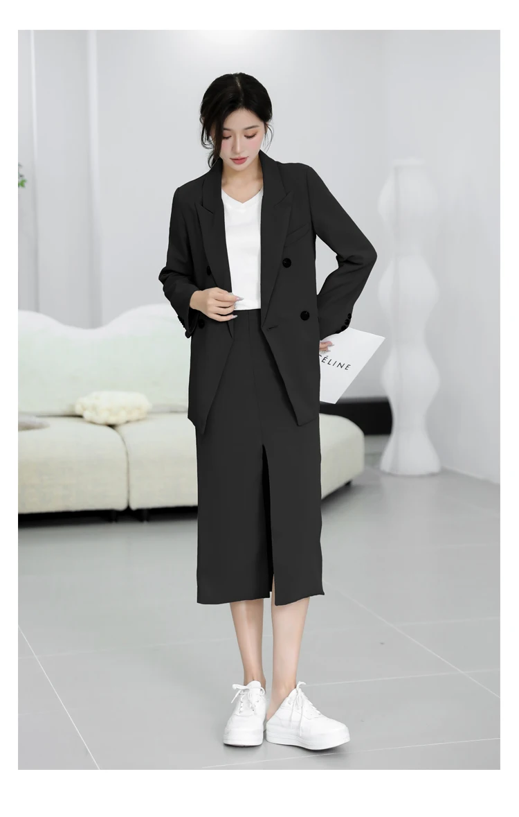 Spring and Autumn Solid Color Skirt Suit Female Long-sleeved Double-breasted Blazer & High Waist Open Pencil Skirt Female Suit