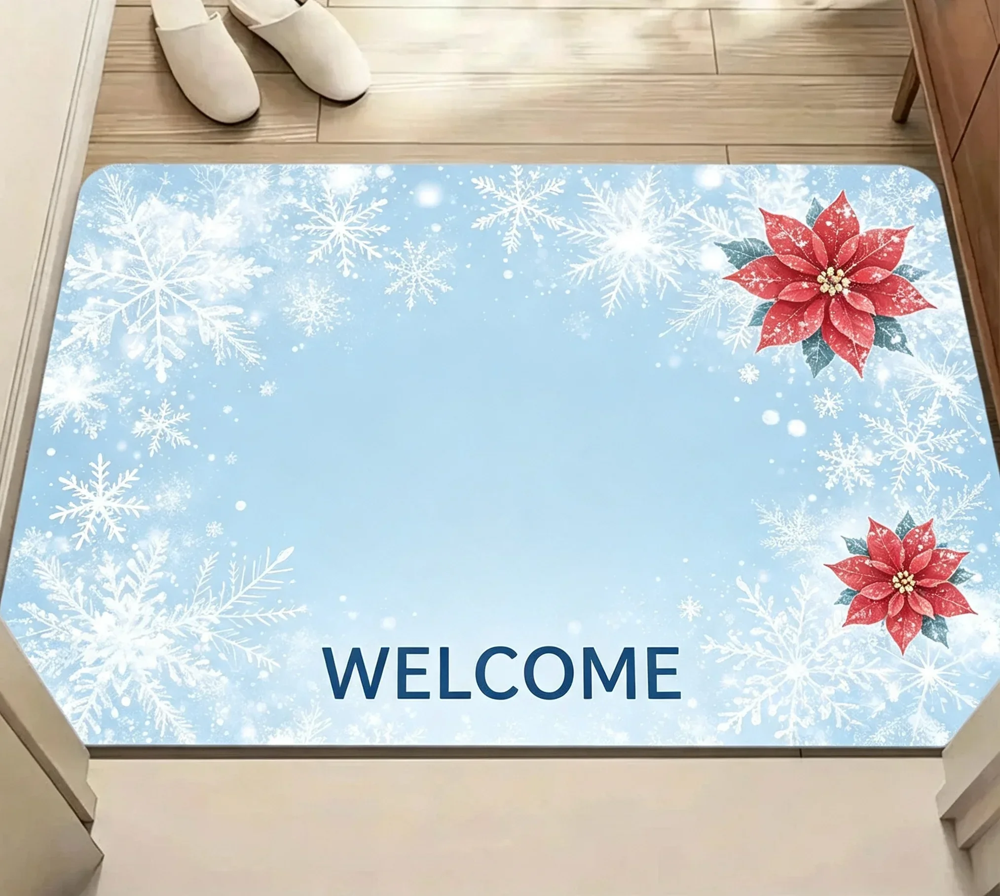 Poinsettia Pine Branch Gold Ball Berry Two Tone Border Rug For Traditional Dining Area Elegant Floral Pattern Festive Home Decor