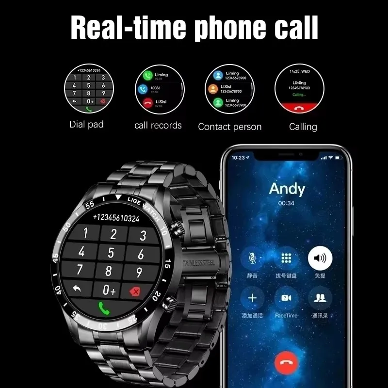 LIGE New Bluetooth Call Smart Watch Men Full Touch Screen Luxury Steel Sports Fitness Smartwatch IP67 Waterproof For Android ios
