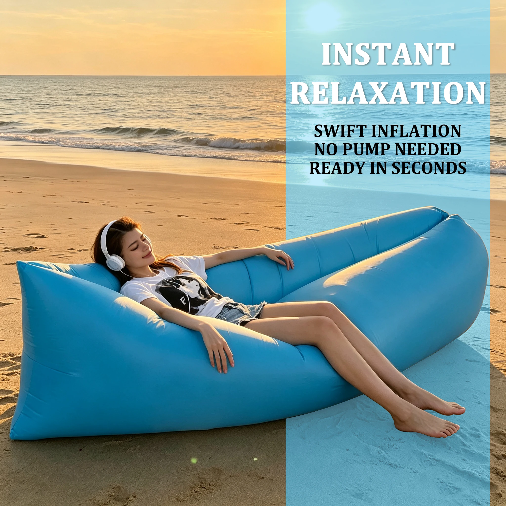 Portable Folding Single Air Sofa Outdoor Fast Inflatable Sofa Bed No Air Pump Required Beach Sleeping Bag Travel Camping Picnic