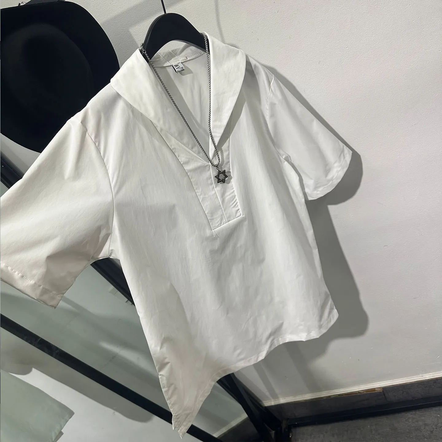 Fashionable Summer Casual Sailor Collar Short-Sleeved Shirt Men's Design Loose All-Match White Solid Color