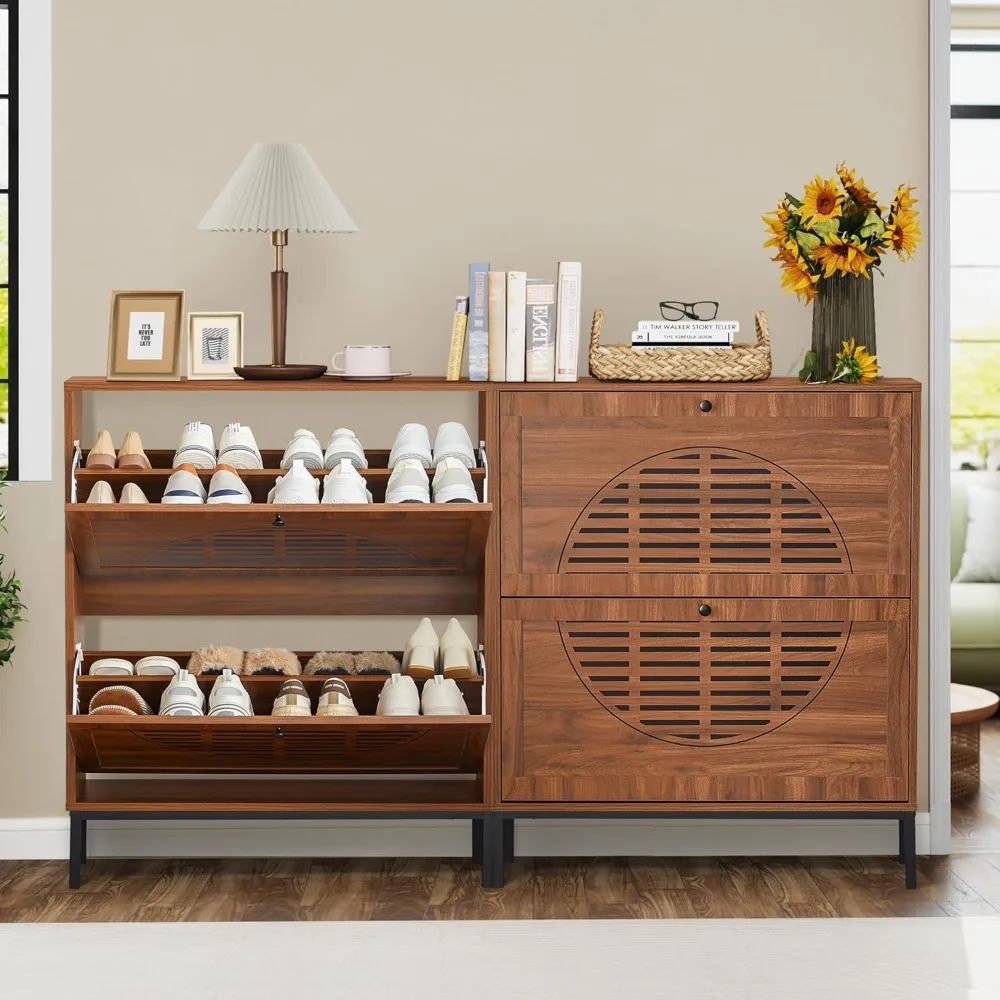 Freestanding Slim Wooden Shoe Cabinet with 2 Flip Drawers and Metal Legs for Storage