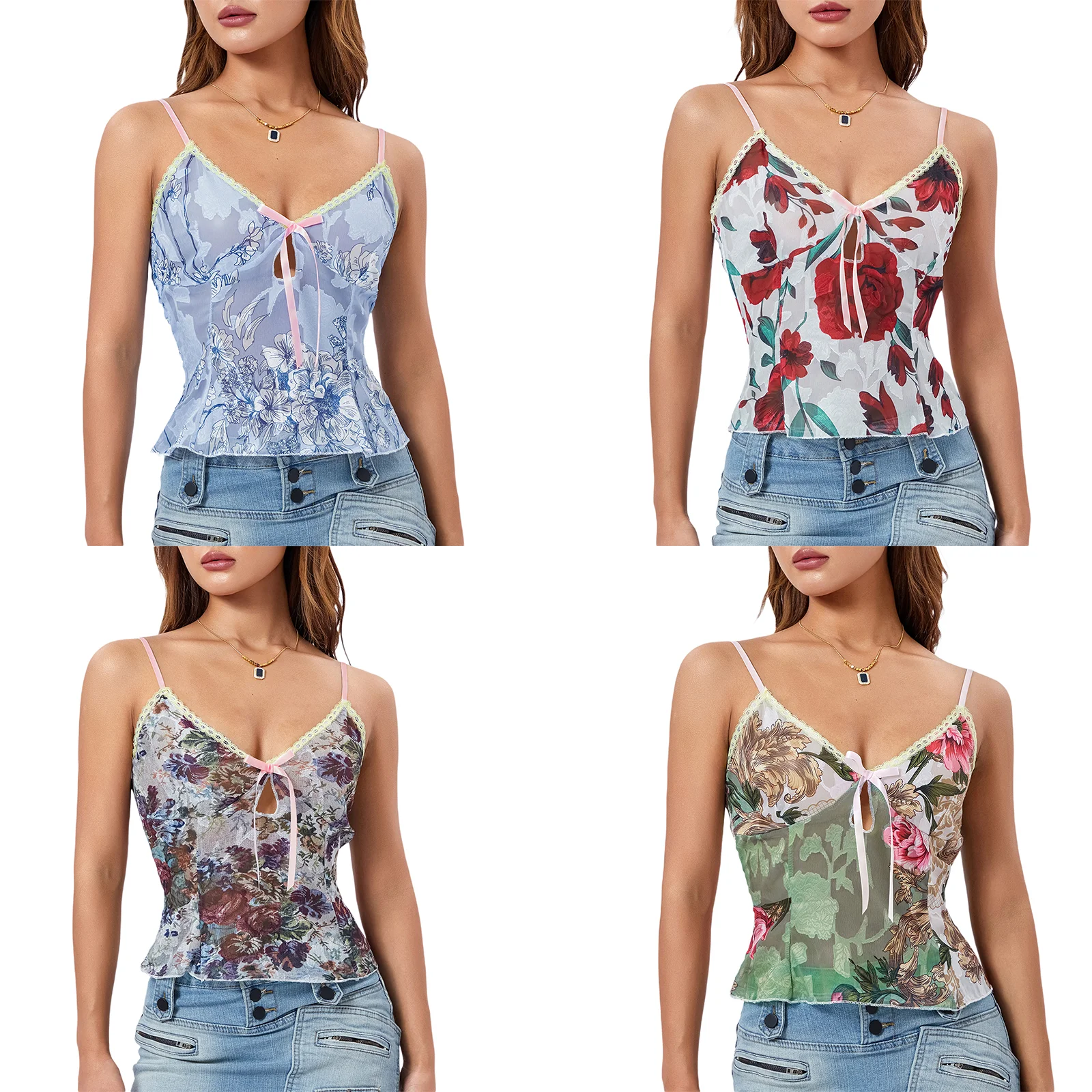 Women Spaghetti Strap Camisoles Floral Print V-Neck Tie-Up Front Sleeveless Sling Tank Tops Summer Slim Fit Vests Crop Tops