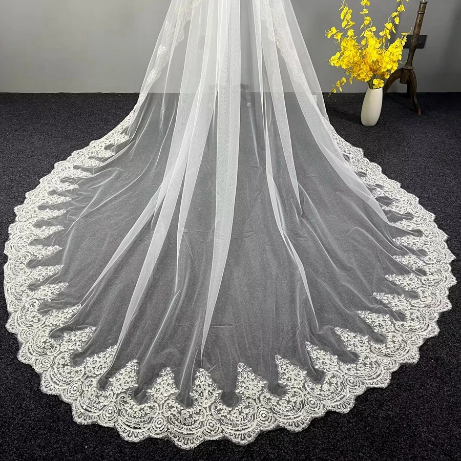 Nuovo arrivo 2 strati paillettes pizzo 3 metri cattedrale bosco veli da sposa con pettine accessori da sposa Sexy Velo de novia