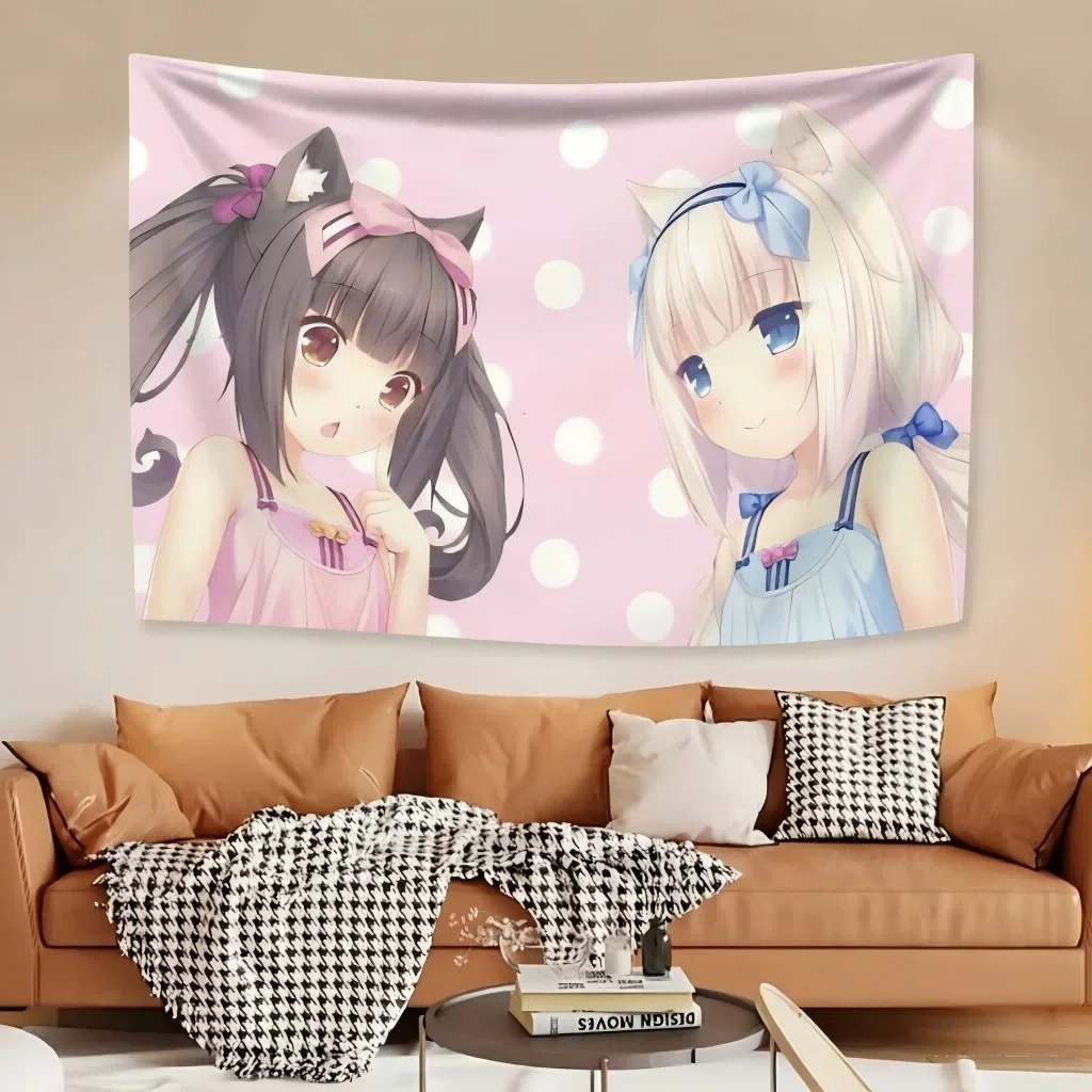 Sweet Pink Polka Dot Original Cat Ear Girl Wall Tapestry, Soft Fabric Anime Style Hanging Cloth, Aesthetic Cute Room Decor Backd