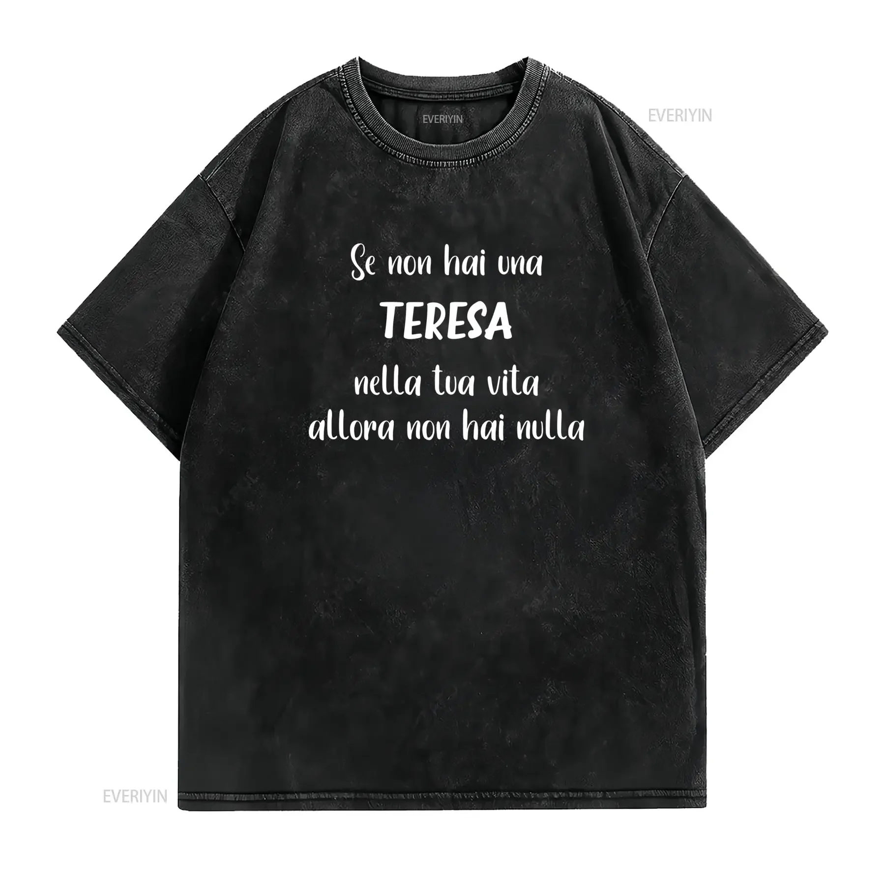 T shirt da uomo Italian Teresa Life Girocollo casual nero con scritta bianca perfetta per l'abbigliamento di tutti i giorni