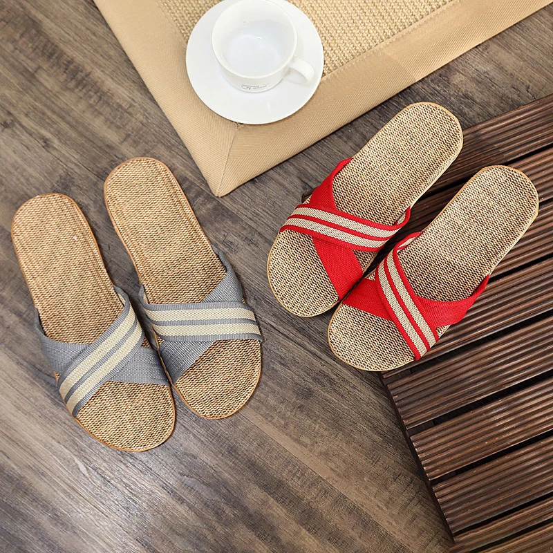 Summer Women's Slippers Home Flats Hemp Luxury Designer Woman Shoes Casual Indoor Slides Couple 2026 Soft Lightweight Large Size
