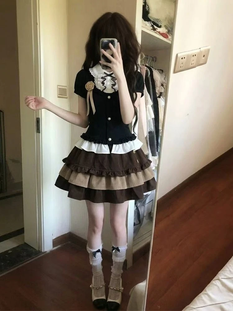 Japan Style Kawaii 2 Piece Skirt Set Women 2000s Harajuku Vintage Sweet Suits Lolita Short Sleeve + Mini Skirts Y2k Matching Set