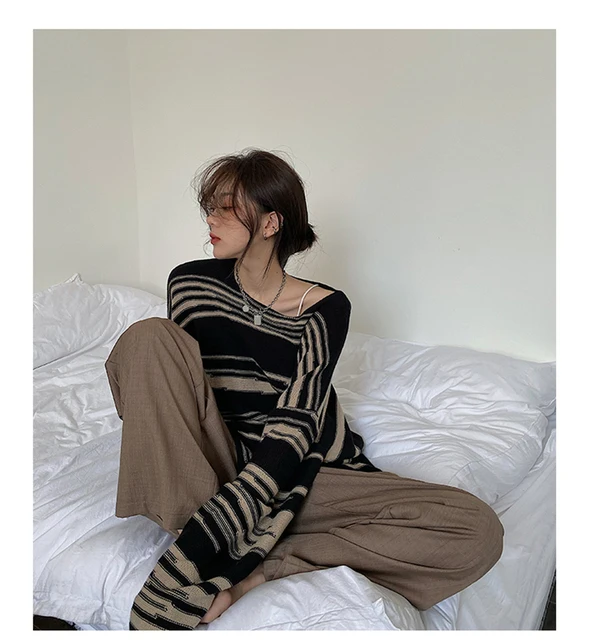 NEW Women Knitted Jumpers Punk Gothic Striped Long Sleeve Loose Patchwork Sweater Hip Hop Casual Retro Oversize  Pullover