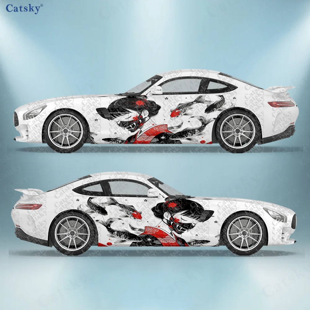 

2pcs Fish & Eyes Closed Girl Car Side Decals, Self-Adhesive PVC Waterproof & Scratch-Resistant Stickers, Car Accessory Gift