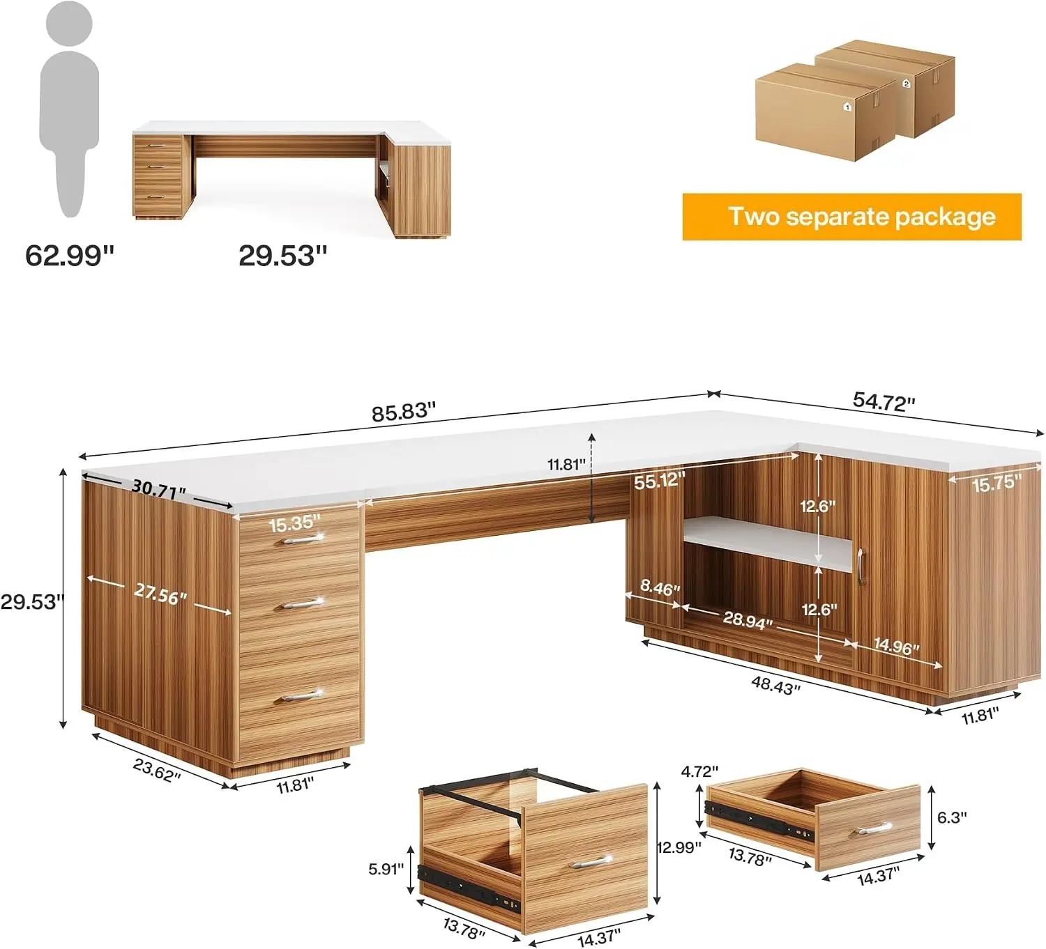 L Shaped Executive Office Desk Extra Large Home Office Desk Modern L Desk Professional Business Workstation File Drawers Storage