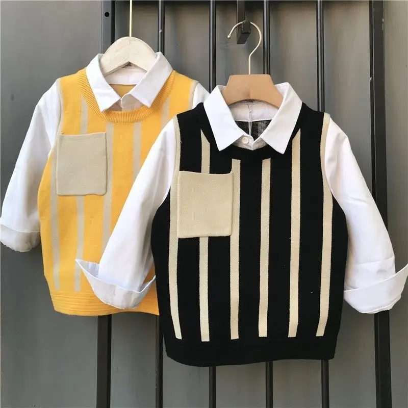 

Children's Clothing Boys' Sweater Suit Shirt Vest 2022 Spring and Autumn New Children's Shirt Two-Piece Suit