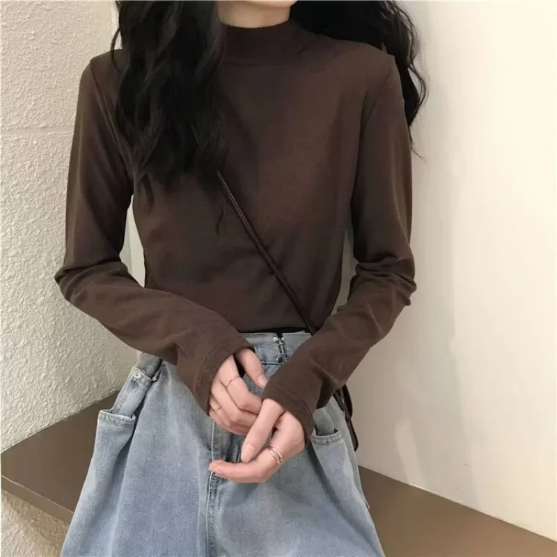 German velvet semi high neck base shirt for women, worn for autumn and winter 2026, new long sleeved t-shirt for slimming and wa