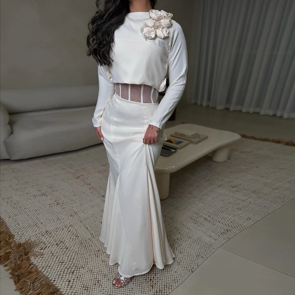 

Customized A-line Evening Dresses Floor-length High-neck Full Sleeve Prom Gown Fashion Beading Flowers Simple Draped Party Gown