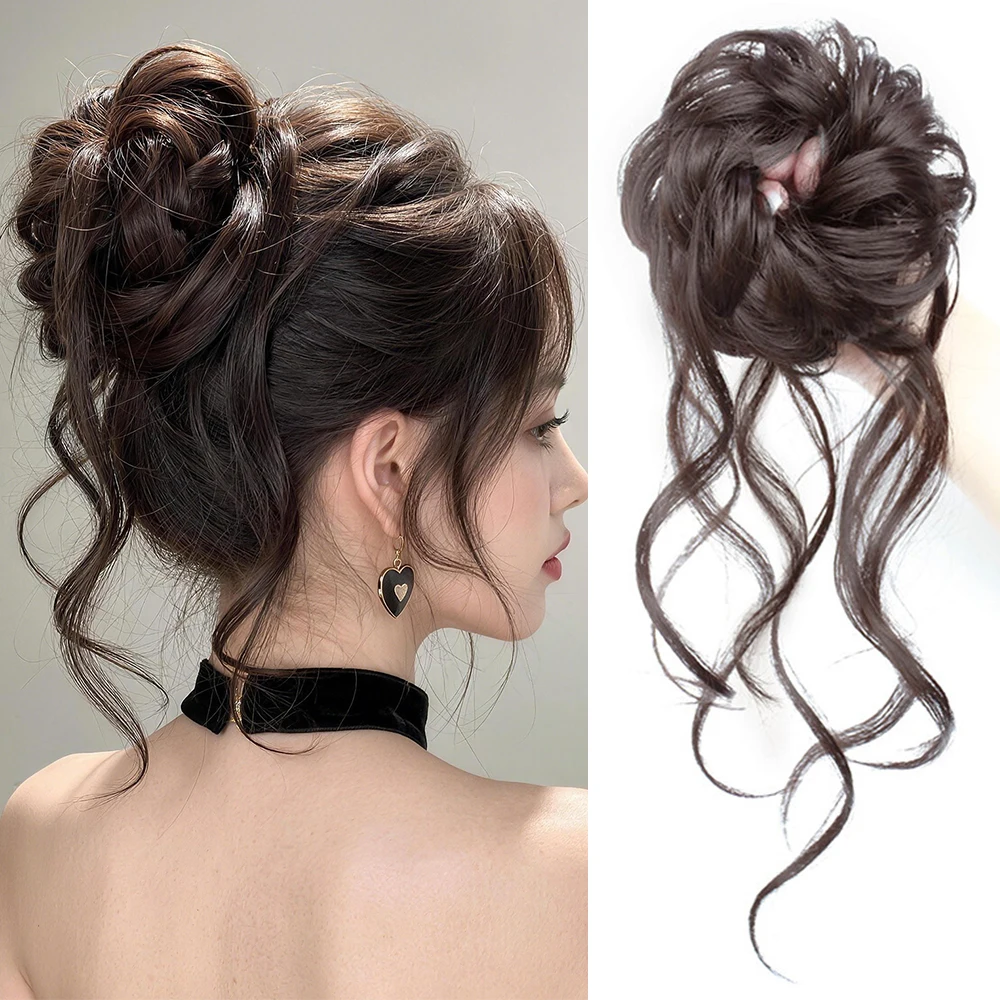 Elegant Messy Curly Synthetic Bun Hairpiece With Elastic Rubber Band Fluffy Bun Ponytail Hair Extension for Daily And Part Use ﻿