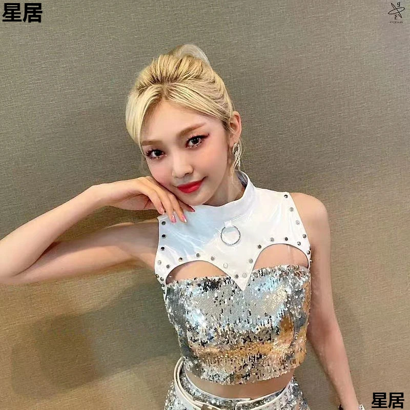 새로운 재즈 댄스 의류 한국 여성 그룹 무대 공연 의상 실버 스팽글 의상 나이트 클럽 여성 섹시한 댄스 의상