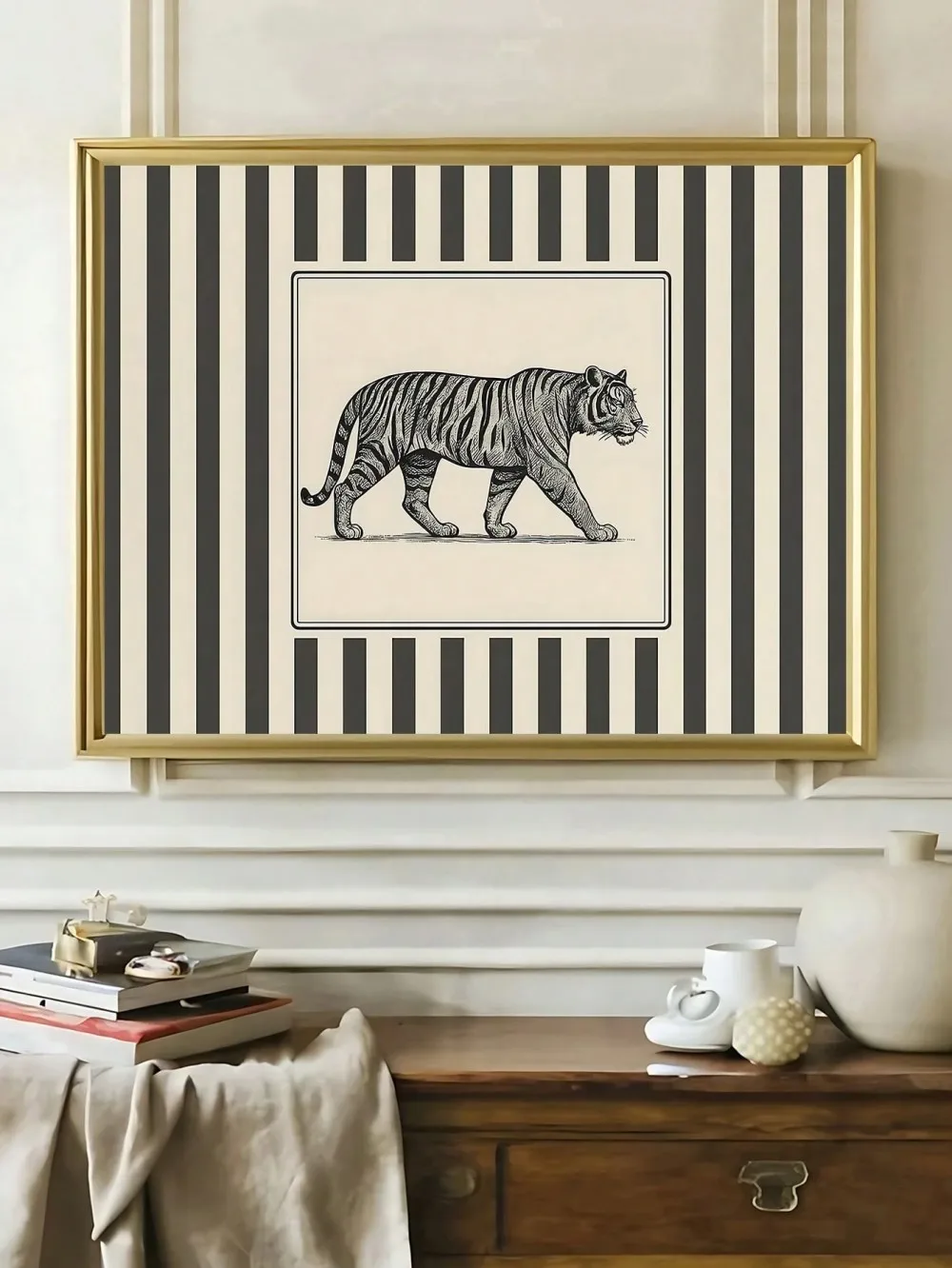 Retro Walking Tiger Mural, Exotic Canvas Painting, Whimsical Bathtub Wall Decoration, Colorful Sleeping Leopard Wall Decorati