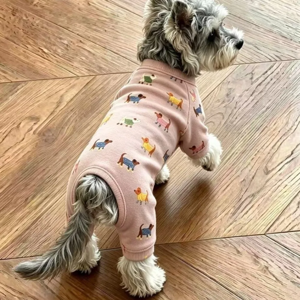 Sausage Puppy Print Cartoon Pattern Dog Jumpsuit Thickened Warm Wrap Belly Dog Pajamas Soft Dog Bodysuit Daily Wear
