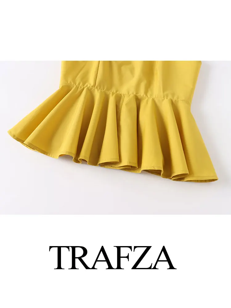 TRAFZA 2024 Summer Elegant Camisole Poplin Solid Yellow Off-shoulder Trendy Sleeveless Ruffle Halterneck Gentle Tank For Women