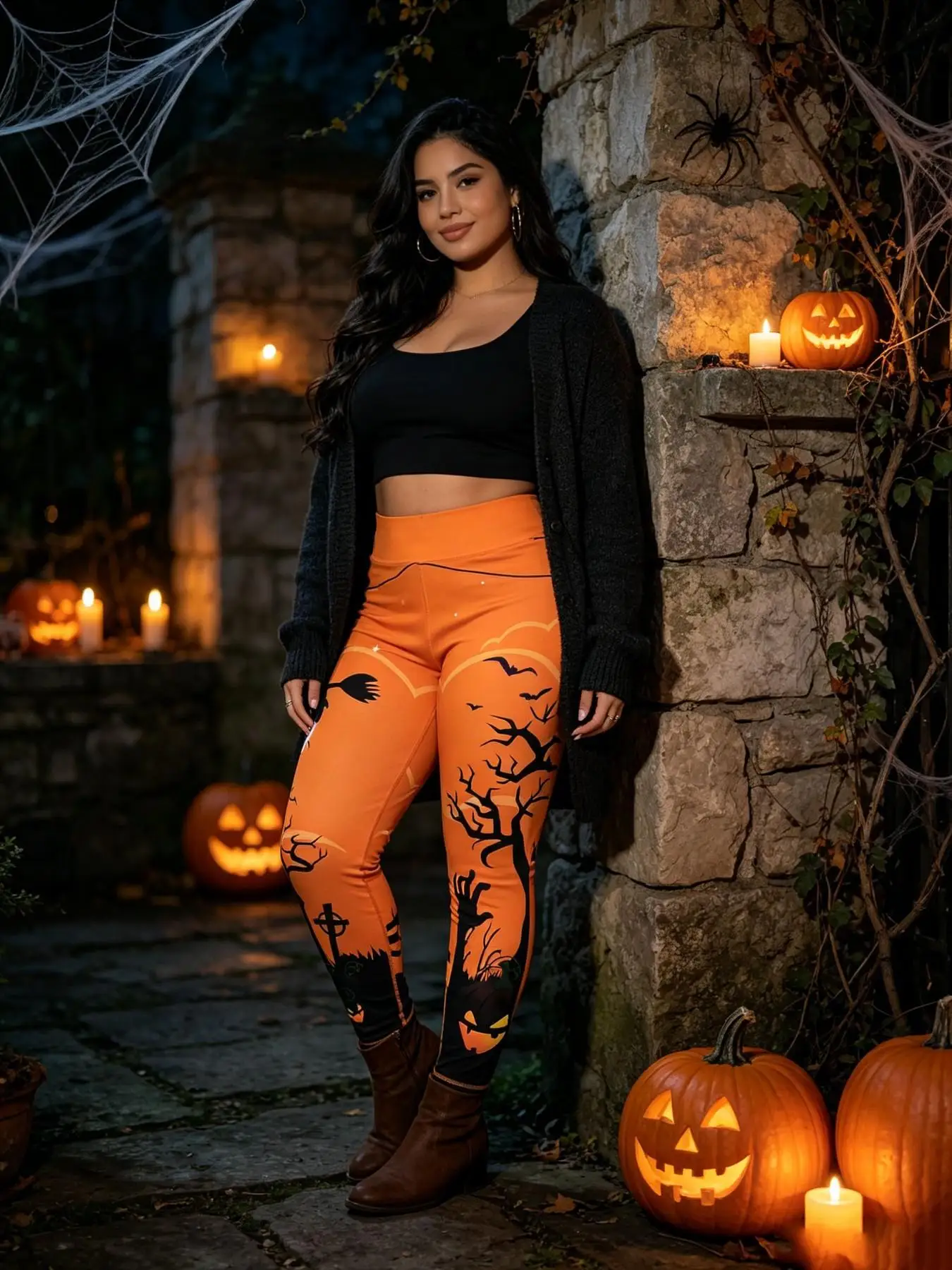 New Arrival Plus Size Halloween Pumpkin, Scary Witch,Twigs, Spiders, Dead Ghost Hands and Scary Face PrintWomen's Joggers - High
