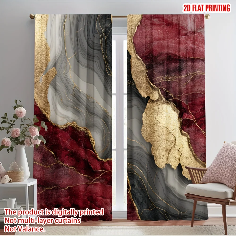 Fluid Gold Vein Marble Window Curtain 2 Panels, Vivid Red Gray Gold Foil Marble Print Elegant Dark Tone Bedroom Decor Curtain