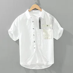 100% Linen Short Sleeve Shirts for Men 2024 Summer New Fashion Casual Loose Digital Printing Shirts