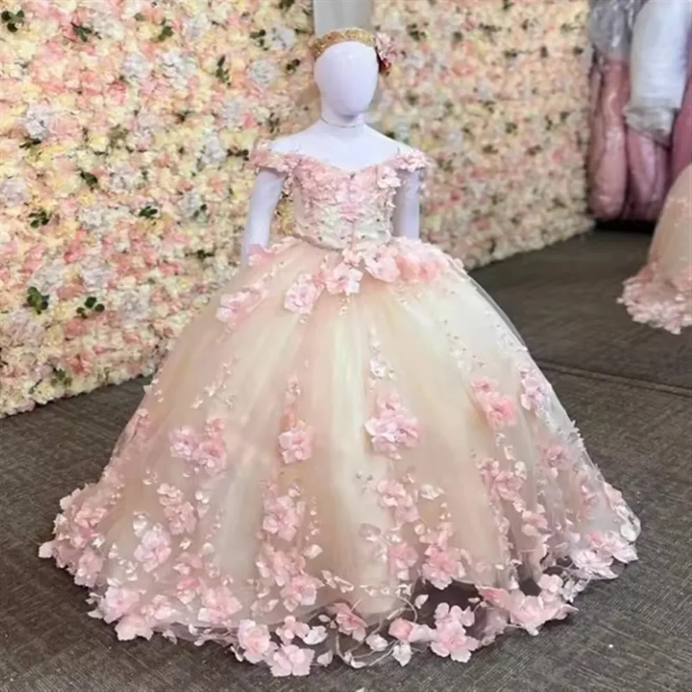 

Luxury Flower Girl Wedding Dress Appliques Flowers Off Shoulder Princess Birthday Party First Communion Ball Gown Customized