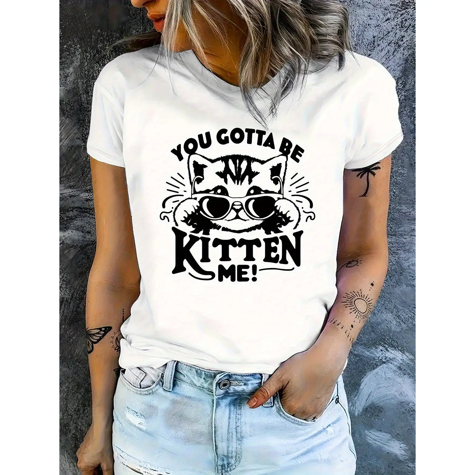 

Funny Cat "You Gotta Be Kitten Me" T-shirt, Women's Novelty Graphic Tee, Casual Loose Tops for Cat Lovers