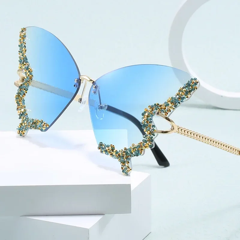 Vintage Ultralight Rimless Butterfly Studded Diamond Sunglasses Irregular Rimless Oversized Party Sunglasses Optical Eyewear