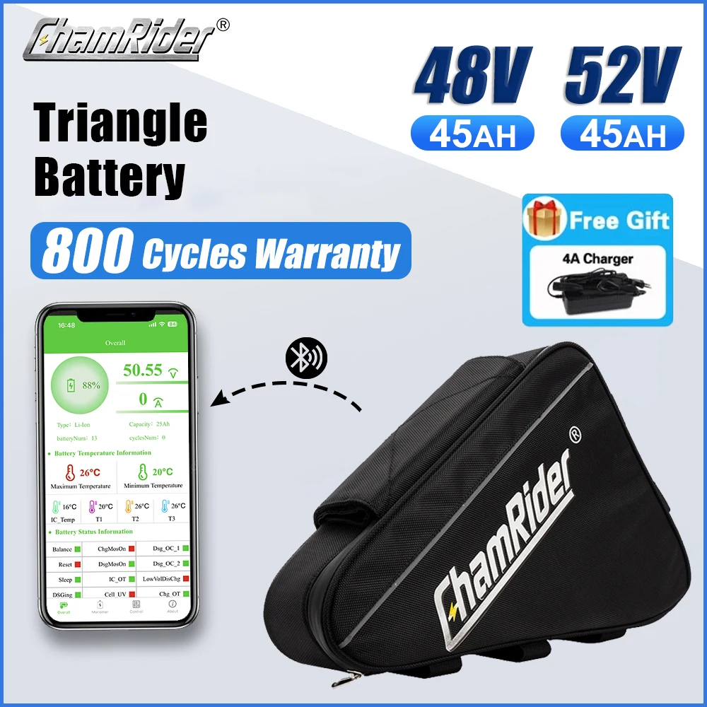 ChamRider 48V Ebike Battery 18650 Cell 72V 60V 52V Triangle 30AH 40AH Huge Capacity 1000W 2000W Super Powerful 21700 Bafang