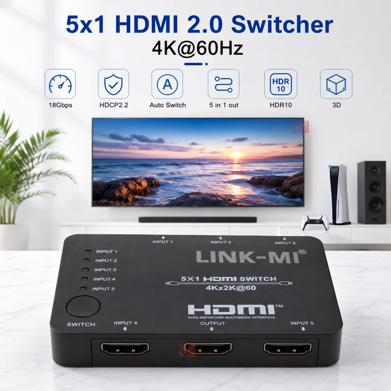 

5x1 HDMI Switcher 4K60Hz 18Gbps for Xbox One PS4 HDR Dolby Vision 5 by 1 HDMI Switch Home Entertainment Electronics
