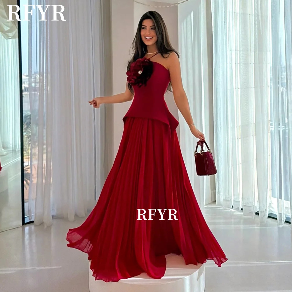 

RFYR Burgundy Prom Dress Halter Evening Dress with 3D Flowers A Line Crepe Party Dresses for Women vestidos Customized