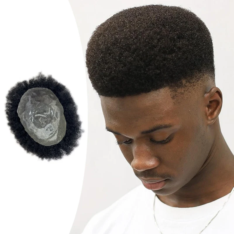 Men's PU Capillary Prothesis Toppers Afro Curly Hair Ultra Thin Breathable 100% Human Hair Natural Looking Daily Hair Accessory