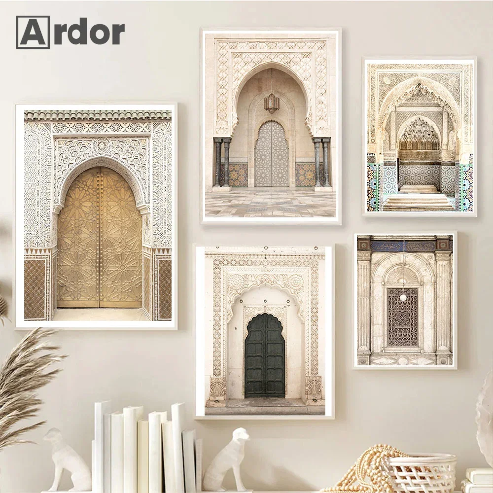 

Beige Modern Nordic Vintage Building Poster Canvas Modern Morocco Door Painting Art Print Wall Pictures Living Room Home Decor