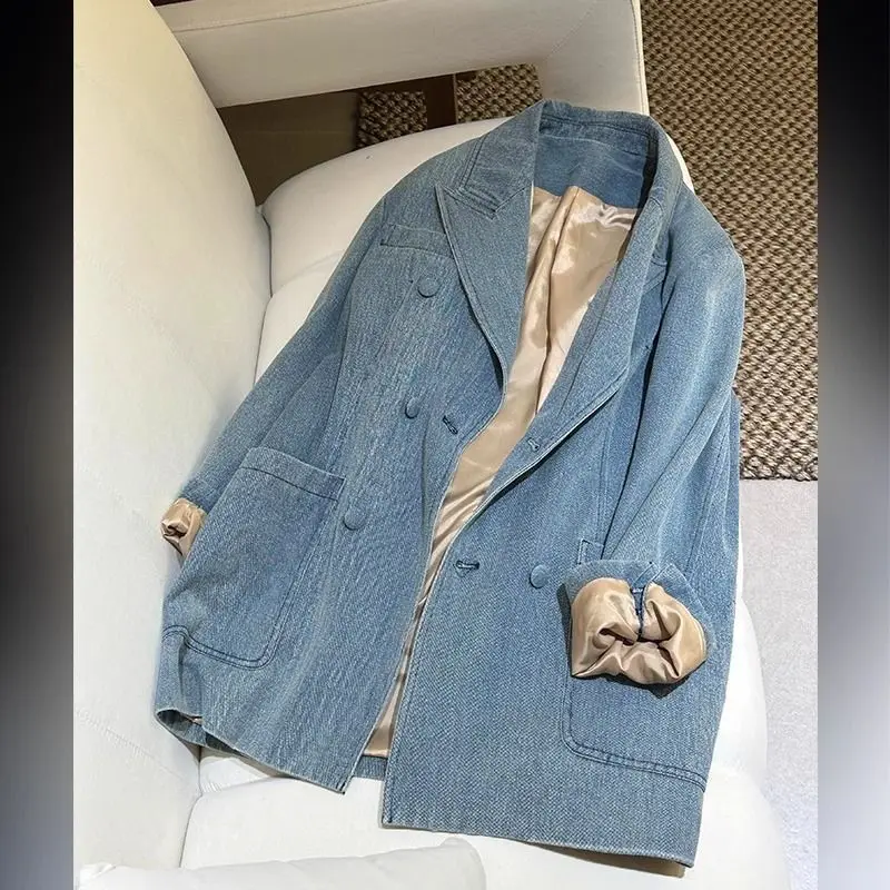 

Women Denim Coats Solid Jackets Oversize Pocket Long Sleeves Turn Down Collar Double Breasted Loose Casual 2026 Autumn Winter