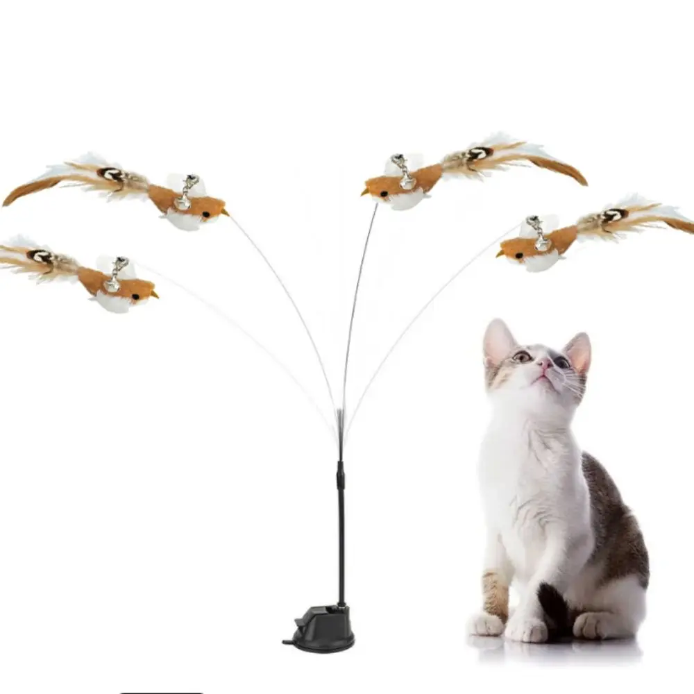 Colorful Simulated Bird Cat Stick Head Cat Teaser Stick Plush Cat Playing Teaser Wand Suction Cup Teaser Toy