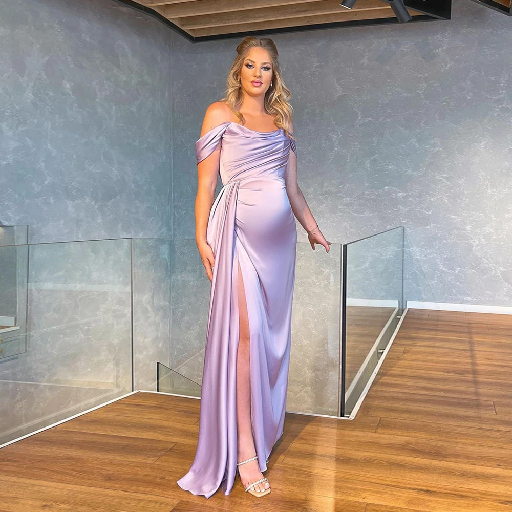 Lilac Mermaid Evening Dress for Pregnant Women Off The Shoulder Pleat 2022 Simple Prom Gowns High Slit Party Dresses Long