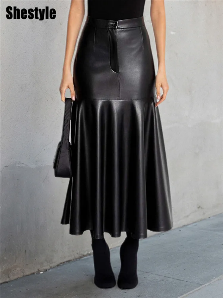 

Shestyle Pleated A-Line PU Leather Black Long Skirt for Winter Solid Zipper Fly High Waist Office Lady Workwear Elegant Grace