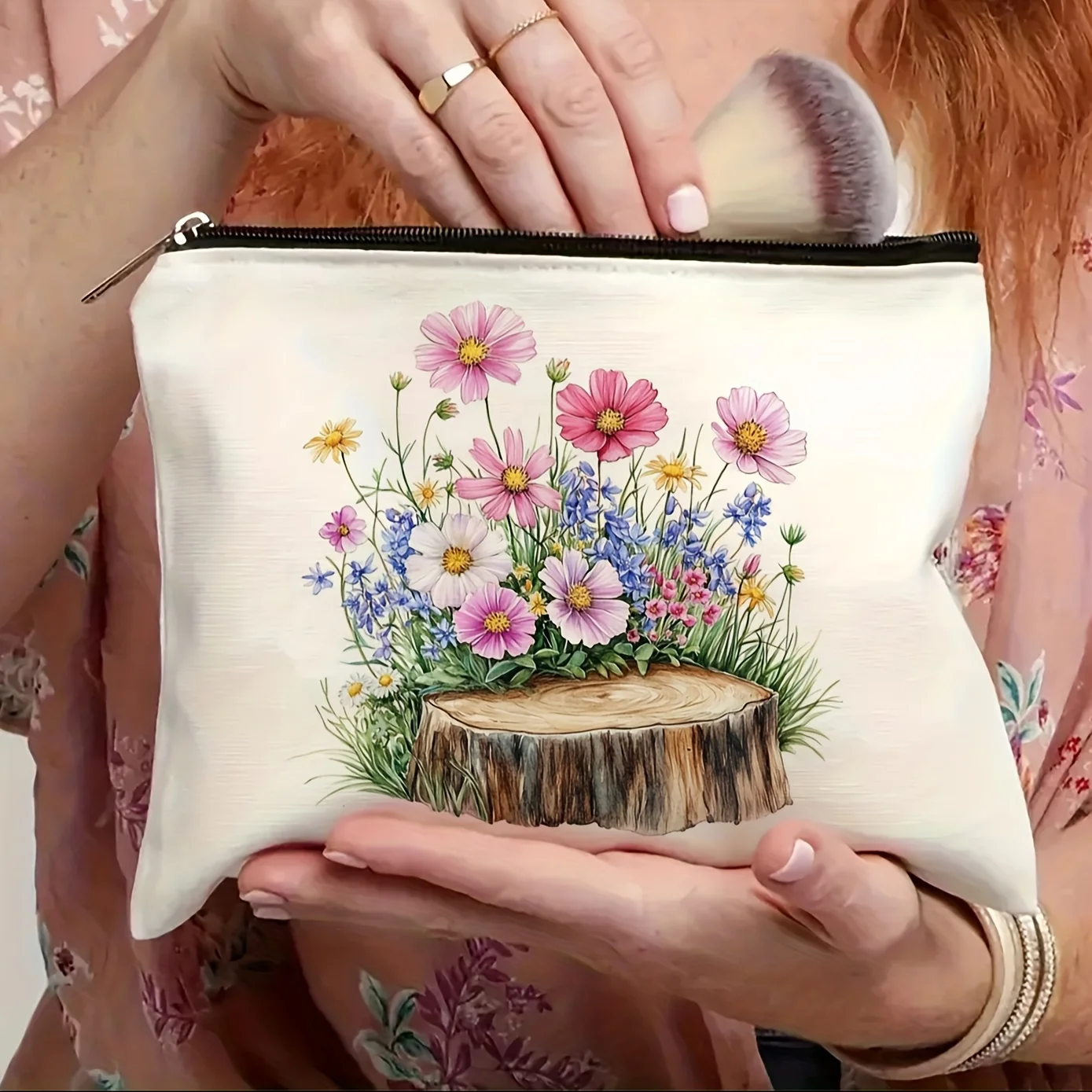 A Spring floral stump patterned makeup bag- multifunctional zipper pouch, jewelry storage bag, perfect travel zipper small stora