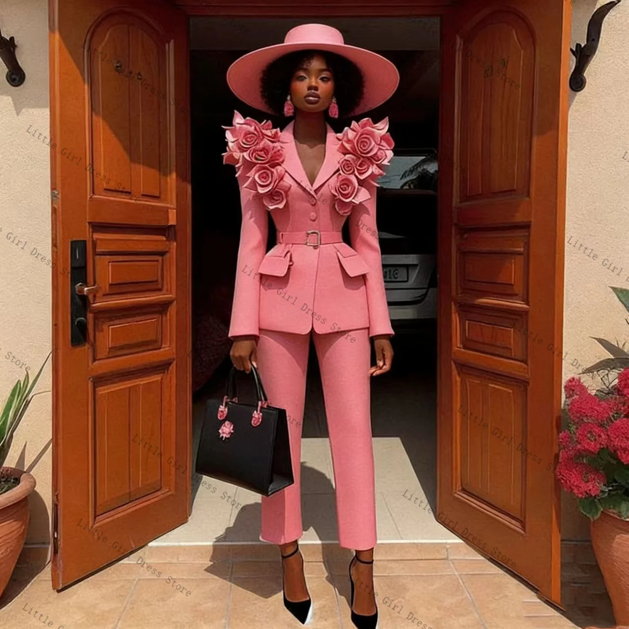 

2 Pcs Pink Women Suit Set Blazer Pants Trousers 3D Flower Cotton Formal Office Lady Jacket Prom Wedding Bride Coat Customized