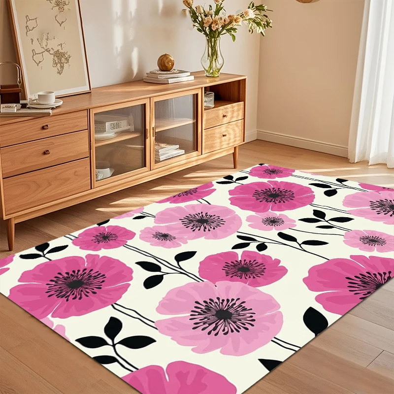 Cream Pink Poppy Area Rug for Living Room Bedroom Playful Floral Eco-Friendly Home Decor Soft Non Slip Washable Floor Mat