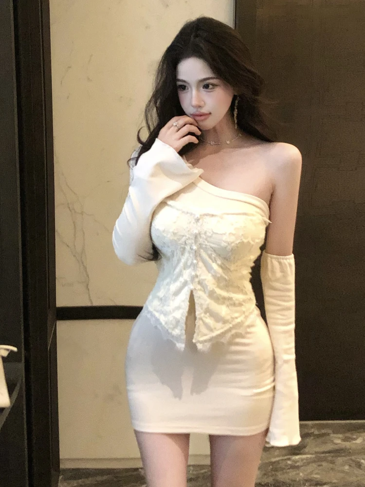 

Pure Desire Sexy Long Sve Bodycon Dr Lace Bustier Waist Cinched Two Piece Set Vintage Classy oulder Strap Dr