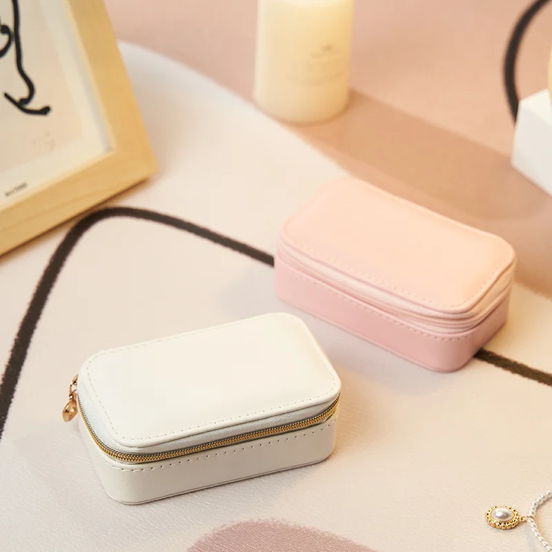 Creative Mini Jewelry Box Travel Portable Zipper Women Jewelry Organizer Small PU Leather Earrings Necklace Rings Storage Case