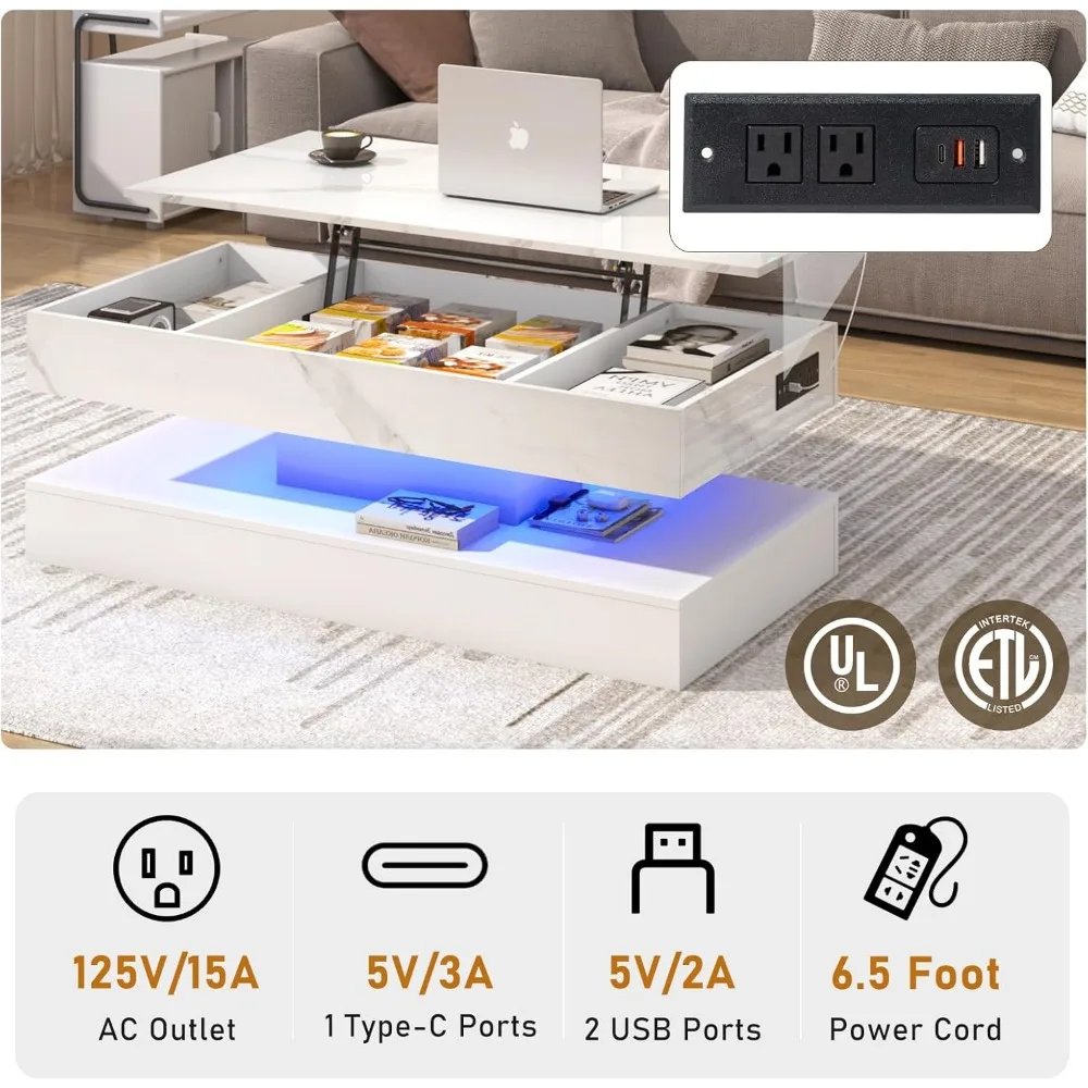 Mesa de centro de 47,2 pulgadas, LED con Estaca de carga, compartimento de almacenamiento oculto, mesa elevada para sala de estar, mesa de centro elevada