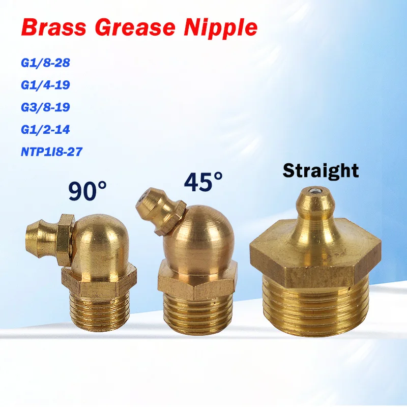 1/2/5/10pcs Brass Grease Nipple G1/8-28 G1/4-19 G3/8-19 G1/2-14 NTP1/8-27 Straight Elbow Type Oil Zerk Fitting for Grease Gun