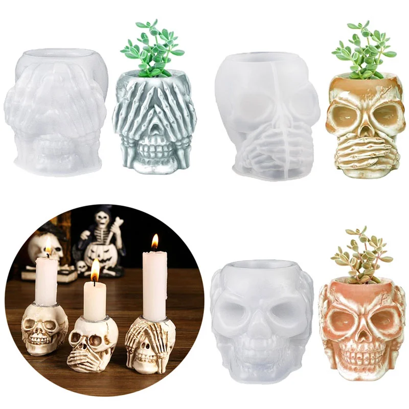 3D Skull Penholder Silicone Mold DIY Halloween Decorative Flowerpot Jewelry Storage Box Mould Soap Plaster Casting Holiday Gifts