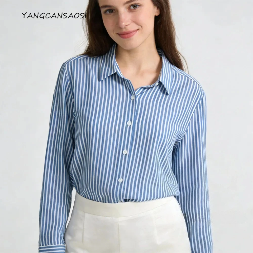 

100% Natural Mulberry Silk Crepe De Chine Top, Women's Fashionable Lapel Long Sleeved Striped Printed Shirt, 2026 Spring New